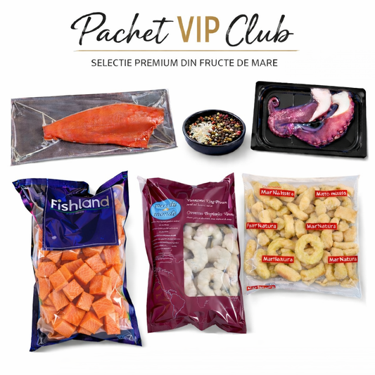 Pachet VIP Club: Somon Salbatic 600-700 1buc + Cuburi Somon 1kg + Creveti 16/20 Decorticati 1kg + Tentacule Caracatita 200gr 1 buc + Fritto Misto 500gr 1buc - Cochiliafood