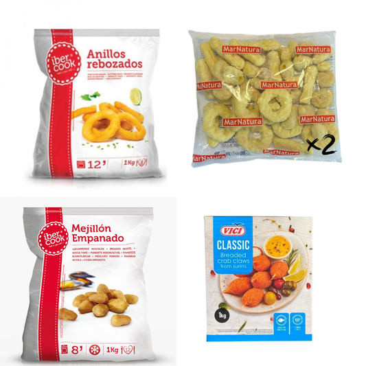 Pachet Fructe de Mare Pane: Inele Calamar 1 kg + Fritto Misto 2 buc + Scoici Pane 1 kg + Mouslitos 1 kg