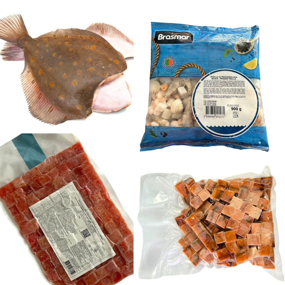 Pachet Promotional: Cambula Aurie Decapitata Eviscerata 550-650gr + Mix Paella 1 kg + Cuburi Ton 500gr + Cuburi Somon 1 kg
