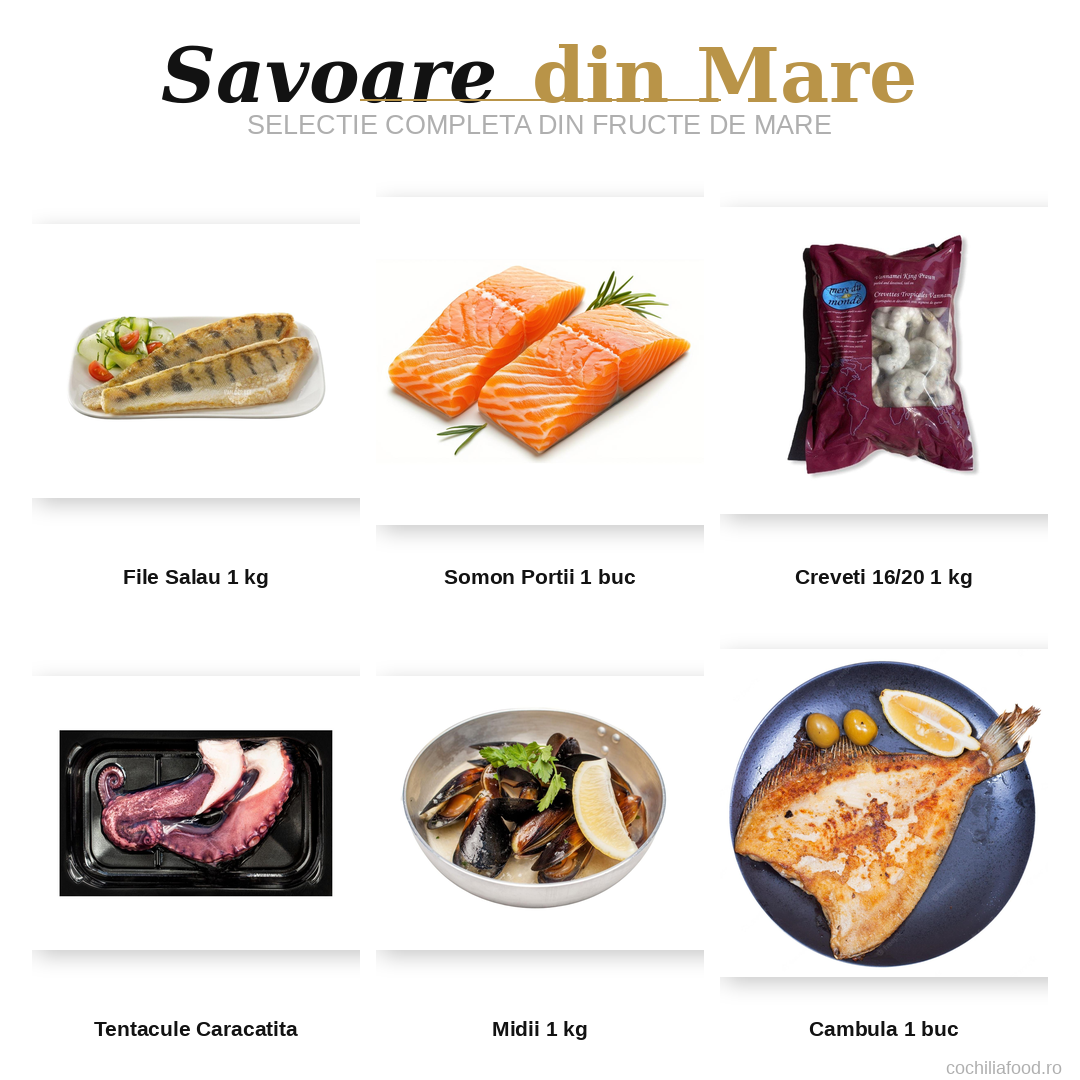 Pachet Complet: File Salau Salbatic 1 kg + Somon Portii 400gr 1 buc + Cambula 1 buc + Creveti 16/20 Decorticati 1 kg + Tentacule Caracatita 200gr 1 buc + Midii 1 kg - Cochiliafood