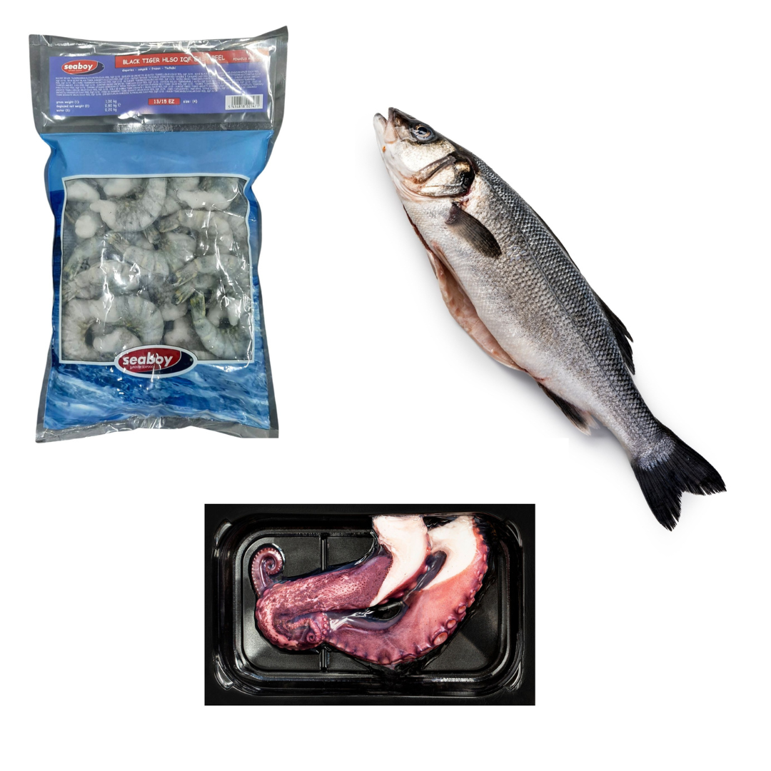 Pachet Seafood BBQ: Creveti 13/15 1 kg + Tentacule Caracatita 200gr 2 Bucati + Biban 800/1000 1 Bucata - Cochiliafood