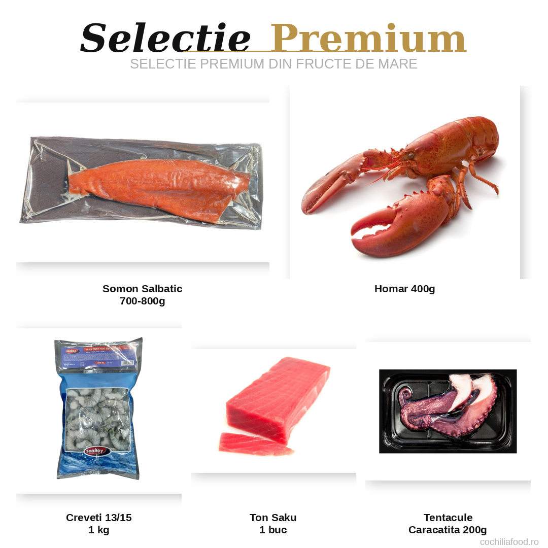 Selectie Premium: FIle Somon Salbatic 700-800gr 1 buc + Ton Saku 280-320gr 1 buc + Homar 400gr 1 buc + Creveti Black Tiger 13/15 1 kg + Tentacule Caracatia 200gr 1 buc - Cochiliafood